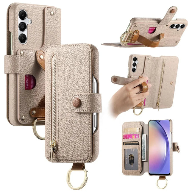For Samsung Galaxy A55 5G Case RFID Blocking Zipper Wallet PU Leather Mobile Cover - Khaki