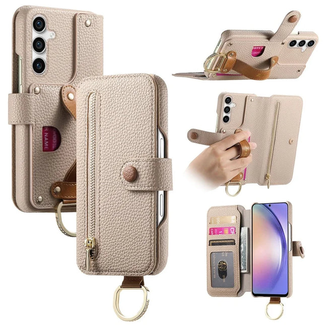 For Samsung Galaxy S23 FE Case RFID Blocking Zipper Wallet PU Leather Mobile Cover - Khaki