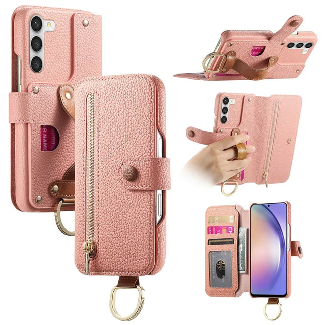 For Samsung Galaxy S23+ Case RFID Blocking Zipper Wallet PU Leather Mobile Cover - Pink