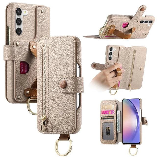 For Samsung Galaxy S23+ Case RFID Blocking Zipper Wallet PU Leather Mobile Cover - Khaki