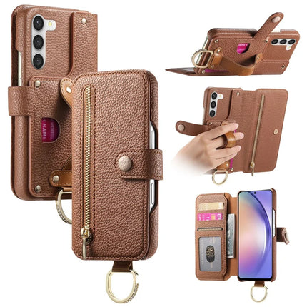 For Samsung Galaxy S23+ Case RFID Blocking Zipper Wallet PU Leather Mobile Cover - Brown