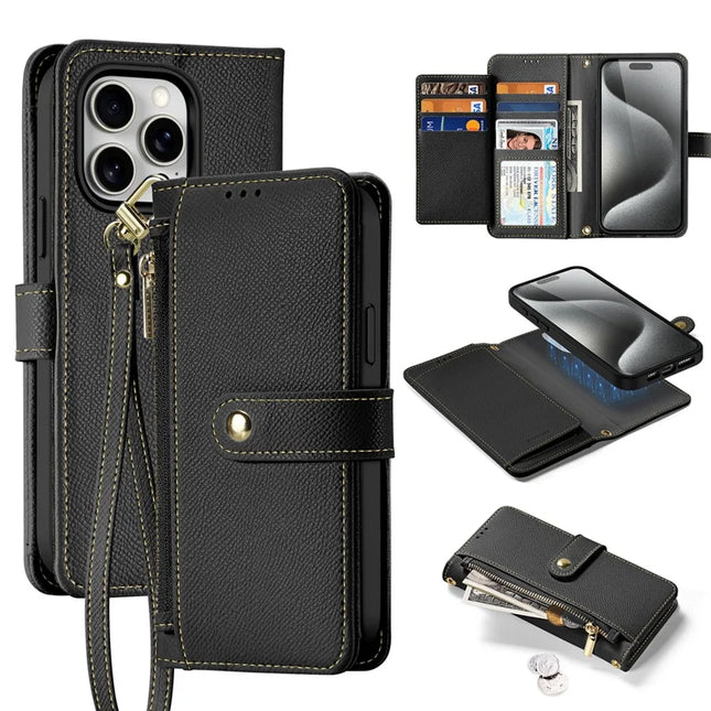 For iPhone 15 Pro Max Case DUX DUCIS Lawa Series Detachable Magnetic Cowhide Leather Cover Zipper Wallet - Black