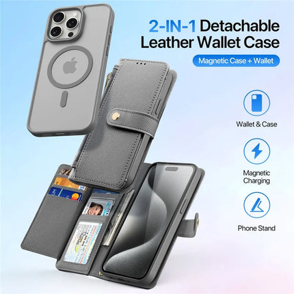 For iPhone 15 Pro Max Case DUX DUCIS Lawa Series Detachable Magnetic Cowhide Leather Cover Zipper Wallet