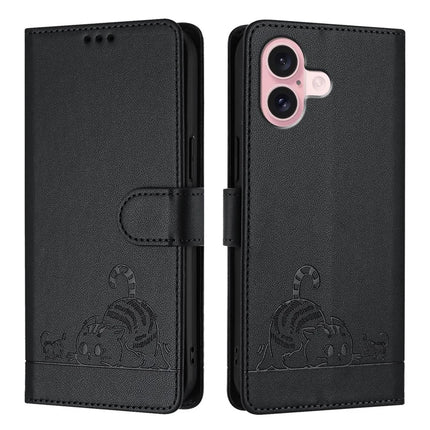 For iPhone 16 Case with Strap RFID Blocking Leather Wallet Phone Cover Cat Mouse Pattern