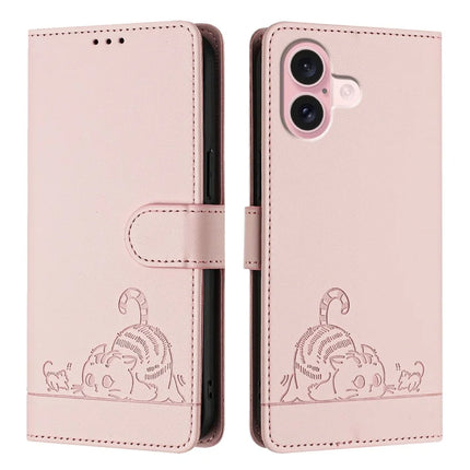 For iPhone 16 Case with Strap RFID Blocking Leather Wallet Phone Cover Cat Mouse Pattern