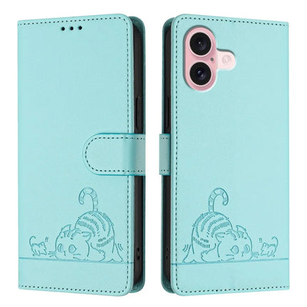 For iPhone 16 Case with Strap RFID Blocking Leather Wallet Phone Cover Cat Mouse Pattern