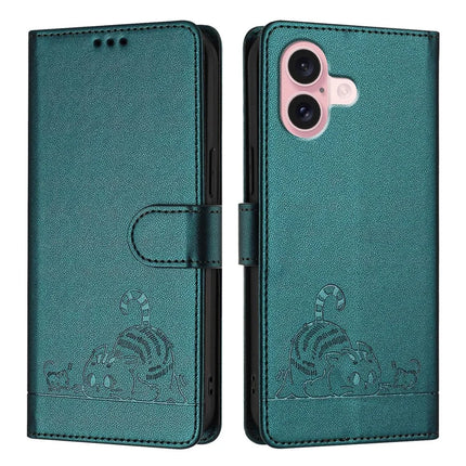 For iPhone 16 Case with Strap RFID Blocking Leather Wallet Phone Cover Cat Mouse Pattern