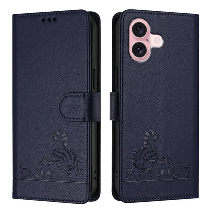 For iPhone 16 Case with Strap RFID Blocking Leather Wallet Phone Cover Cat Mouse Pattern