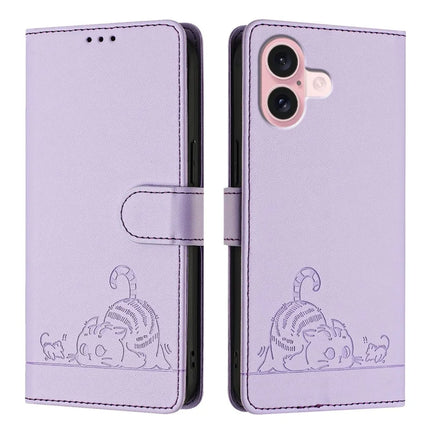 For iPhone 16 Case with Strap RFID Blocking Leather Wallet Phone Cover Cat Mouse Pattern
