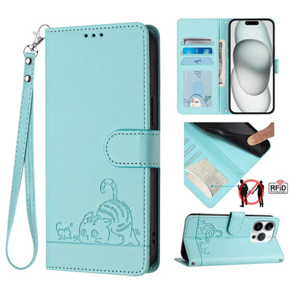 For iPhone 16 Pro Max Case with Strap RFID Blocking Leather Wallet Phone Cover Cat Mouse Pattern - Mint Green