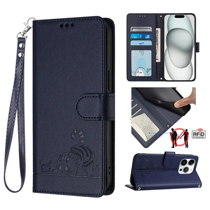 For iPhone 16 Pro Max Case with Strap RFID Blocking Leather Wallet Phone Cover Cat Mouse Pattern - Sapphire