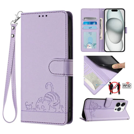 For iPhone 16 Pro Max Case with Strap RFID Blocking Leather Wallet Phone Cover Cat Mouse Pattern - Purple