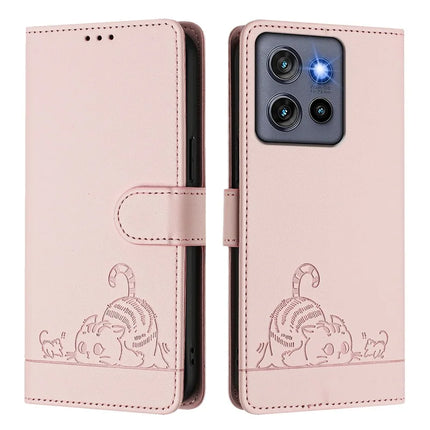 For Motorola Edge 50 Neo 5G Case with Strap RFID Blocking Leather Wallet Phone Cover Cat Mouse Pattern
