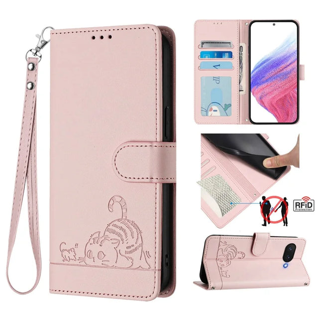 For Google Pixel 9a Case with Strap RFID Blocking Leather Wallet Phone Cover Cat Mouse Pattern - Pink