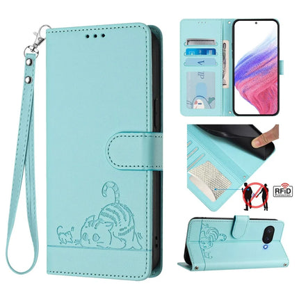 For Google Pixel 9a Case with Strap RFID Blocking Leather Wallet Phone Cover Cat Mouse Pattern - Mint Green