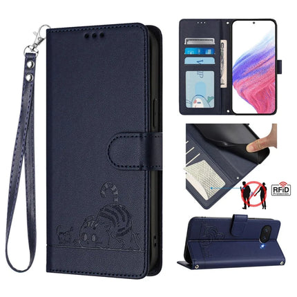 For Google Pixel 9a Case with Strap RFID Blocking Leather Wallet Phone Cover Cat Mouse Pattern - Sapphire