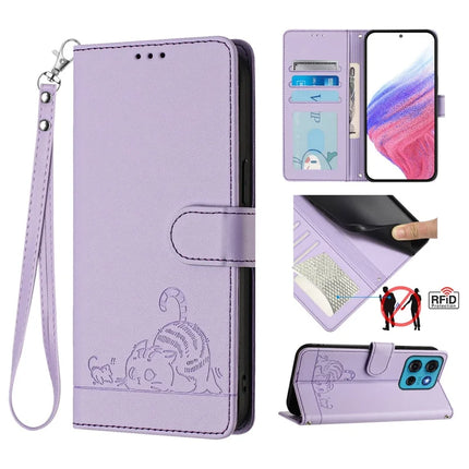 For Motorola Moto G75 5G Case with Strap RFID Blocking Leather Wallet Phone Cover Cat Mouse Pattern - Purple