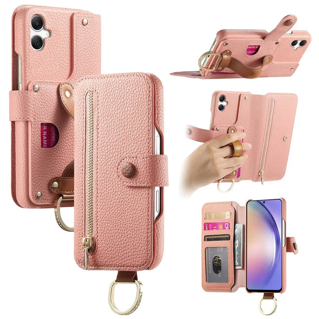 For Samsung Galaxy A06 Case RFID Blocking Zipper Wallet PU Leather Mobile Cover - Pink