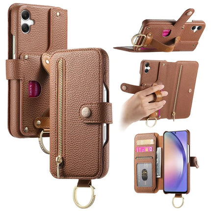 For Samsung Galaxy A06 Case RFID Blocking Zipper Wallet PU Leather Mobile Cover - Brown