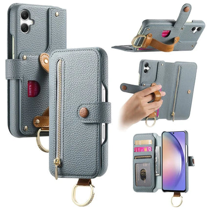 For Samsung Galaxy A06 Case RFID Blocking Zipper Wallet PU Leather Mobile Cover - Blue