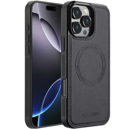 LC.IMEEKE For iPhone 16 Pro Magnetic Case Compatible with MagSafe Leather+TPU Back Cover - Black
