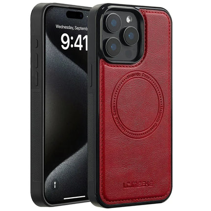 LC.IMEEKE For iPhone 15 Pro Max Magnetic Case Compatible with MagSafe Leather+TPU Back Cover - Red