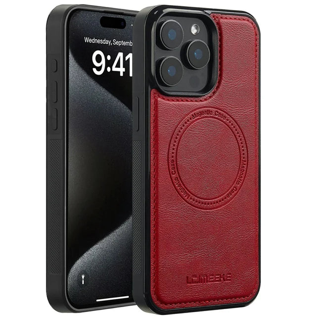 LC.IMEEKE For iPhone 15 Pro Max Magnetic Case Compatible with MagSafe Leather+TPU Back Cover - Red