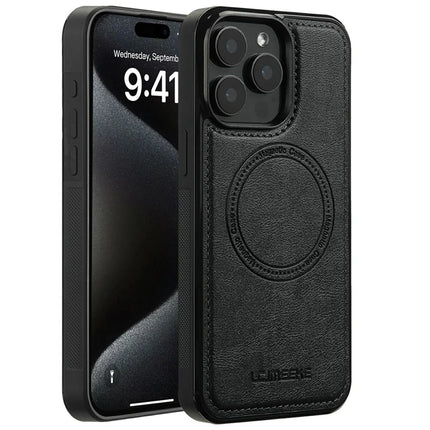 LC.IMEEKE For iPhone 15 Pro Max Magnetic Case Compatible with MagSafe Leather+TPU Back Cover - Black