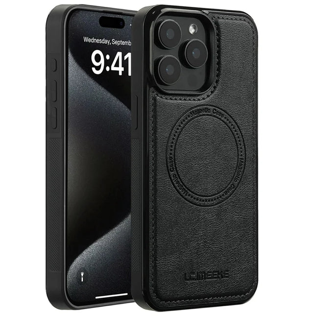 LC.IMEEKE For iPhone 15 Pro Max Magnetic Case Compatible with MagSafe Leather+TPU Back Cover - Black