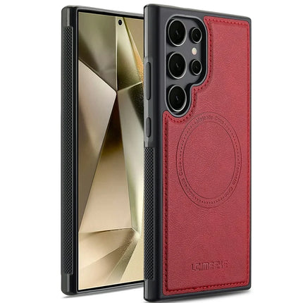 LC.IMEEKE For Samsung Galaxy S22 Ultra 5G Magnetic Case Compatible with MagSafe Leather+TPU Back Cover - Red