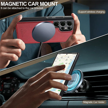 LC.IMEEKE For Samsung Galaxy S22 Ultra 5G Magnetic Case Compatible with MagSafe Leather+TPU Back Cover