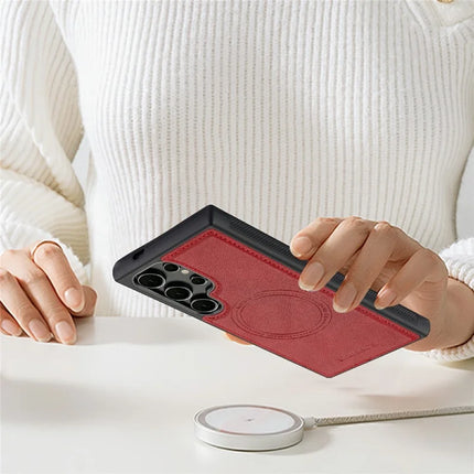 LC.IMEEKE For Samsung Galaxy S22 Ultra 5G Magnetic Case Compatible with MagSafe Leather+TPU Back Cover