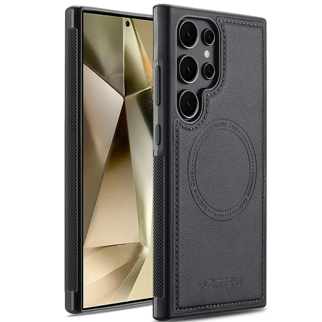 LC.IMEEKE For Samsung Galaxy S22 Ultra 5G Magnetic Case Compatible with MagSafe Leather+TPU Back Cover - Black