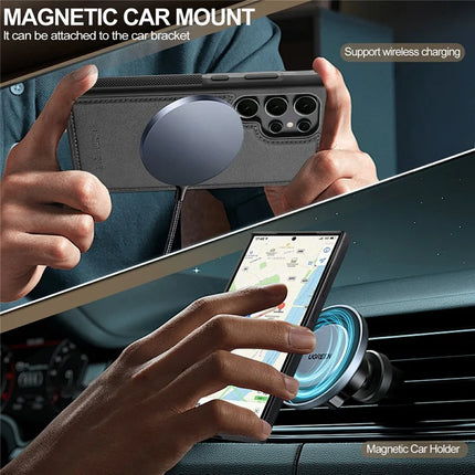 LC.IMEEKE For Samsung Galaxy S22 Ultra 5G Magnetic Case Compatible with MagSafe Leather+TPU Back Cover