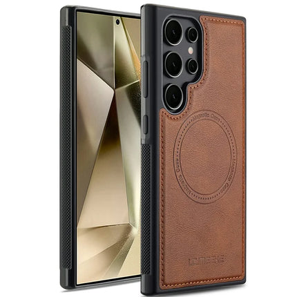 LC.IMEEKE For Samsung Galaxy S22 Ultra 5G Magnetic Case Compatible with MagSafe Leather+TPU Back Cover - Brown