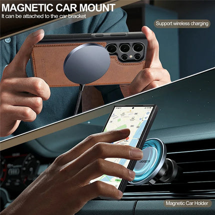 LC.IMEEKE For Samsung Galaxy S22 Ultra 5G Magnetic Case Compatible with MagSafe Leather+TPU Back Cover