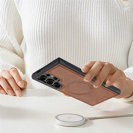LC.IMEEKE For Samsung Galaxy S22 Ultra 5G Magnetic Case Compatible with MagSafe Leather+TPU Back Cover