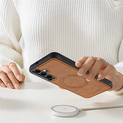 LC.IMEEKE For Samsung Galaxy S23 FE Magnetic Case Compatible with MagSafe Leather+TPU Back Cover