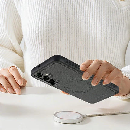 LC.IMEEKE For Samsung Galaxy S23 FE Magnetic Case Compatible with MagSafe Leather+TPU Back Cover