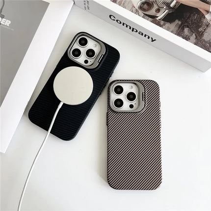 For iPhone 16 Pro Max Magnetic Case 600D Fine Carbon Fiber Texture Kickstand Phone Back Cover