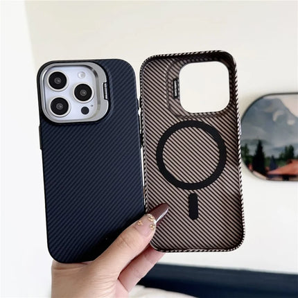 For iPhone 16 Pro Max Magnetic Case 600D Fine Carbon Fiber Texture Kickstand Phone Back Cover
