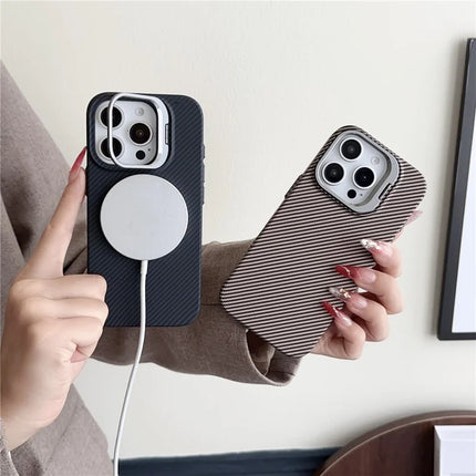 For iPhone 16 Pro Max Magnetic Case 600D Fine Carbon Fiber Texture Kickstand Phone Back Cover