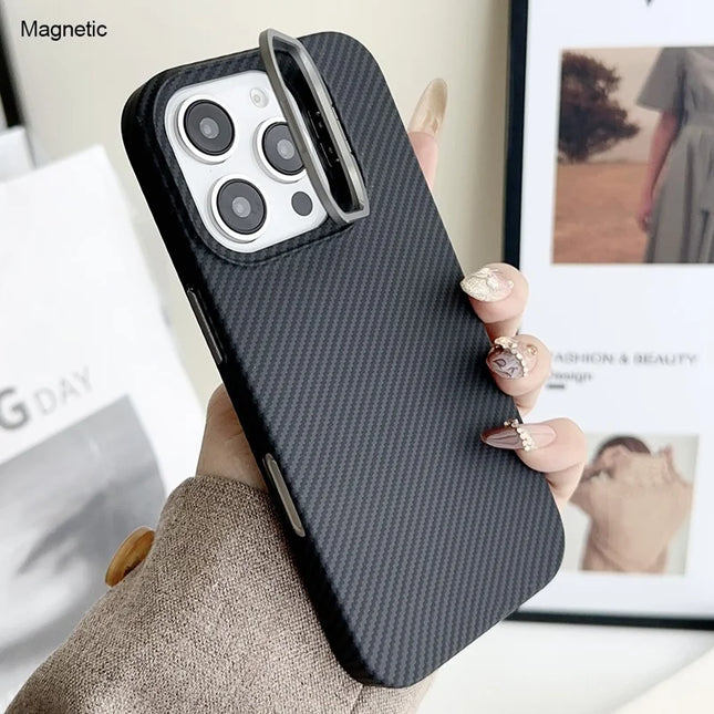 For iPhone 16 Pro Max Magnetic Case 600D Fine Carbon Fiber Texture Kickstand Phone Back Cover - Black
