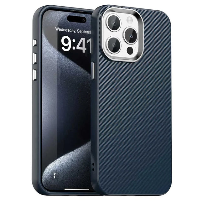 For iPhone 15 Pro Max Case Cell Phone Hybrid Back Cover Carbon Fiber Texture - Blue