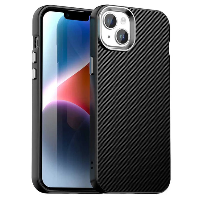 For iPhone 14 / 13 Case Cell Phone Hybrid Back Cover Carbon Fiber Texture - Black