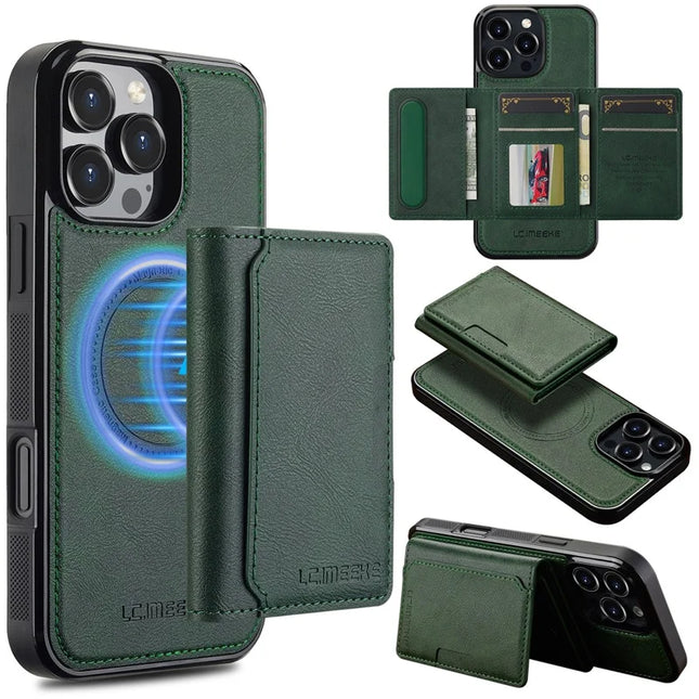LC.IMEEKE L5 For iPhone 16 Pro Max Magnetic Phone Case Leather Back Cover with Detachable Card Holder - Green