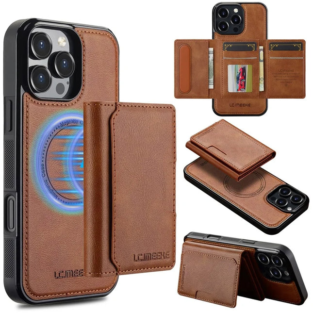 LC.IMEEKE L5 For iPhone 16 Pro Max Magnetic Phone Case Leather Back Cover with Detachable Card Holder - Brown