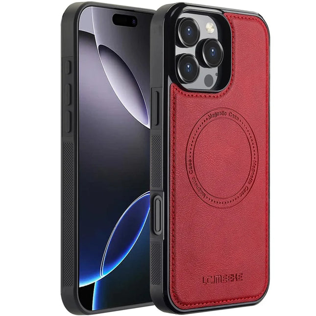 LC.IMEEKE For iPhone 16 Pro Max Magnetic Case Compatible with MagSafe Leather+TPU Back Cover - Red