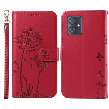 For Motorola Moto G54 5G Leather Case Wallet Phone Cover Dandelion Imprint - Red