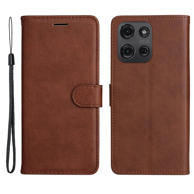 For Motorola Moto G75 5G Case Solid Color Leather Mobile Cover Wallet Stand with Strap - Brown
